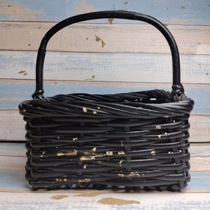 Black Woven Wicker Basket 9.5" Square Farmhouse Decor Chippy Paint.